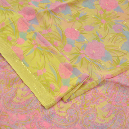 Indian Vintage Sari Yellow Pure Silk Printed Sarees 6yd Sewing Craft Fabric Dress Making Soft Zari Crafting Quilting Upcycle Paisley