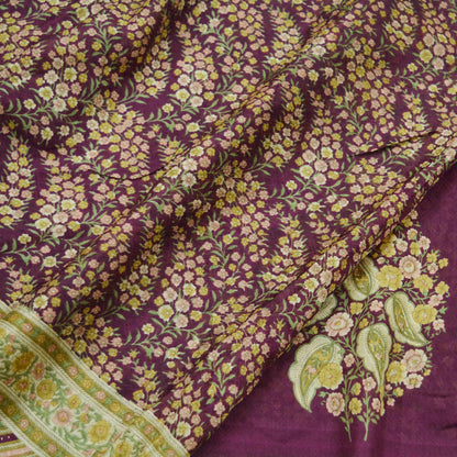 Indian Vintage Sari Purple Pure Silk Printed Sarees 6yd Sewing Craft Fabric Dress Making Soft Wrap Floral Quilting Crafting Upcycle Used