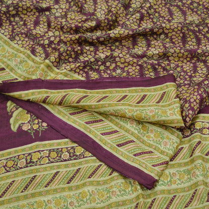 Indian Vintage Sari Purple Pure Silk Printed Sarees 6yd Sewing Craft Fabric Dress Making Soft Wrap Floral Quilting Crafting Upcycle Used