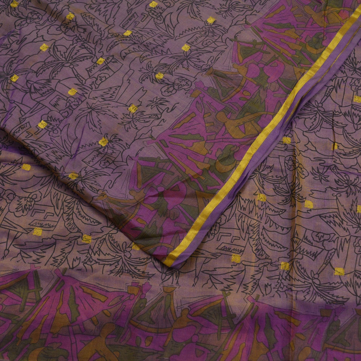 Indian Vintage Sari Golden Purple Pure Silk Printed Saree 6yd Sewing Craft Fabric Dress Making Soft Zari Geometric Crafting Quilting Upcycle