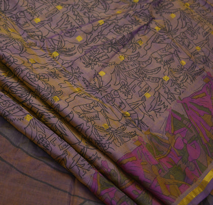 Indian Vintage Sari Golden Purple Pure Silk Printed Saree 6yd Sewing Craft Fabric Dress Making Soft Zari Geometric Crafting Quilting Upcycle