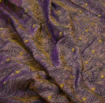 Indian Vintage Sari Golden Purple Pure Silk Printed Saree 6yd Sewing Craft Fabric Dress Making Soft Zari Geometric Crafting Quilting Upcycle