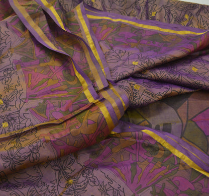 Indian Vintage Sari Golden Purple Pure Silk Printed Saree 6yd Sewing Craft Fabric Dress Making Soft Zari Geometric Crafting Quilting Upcycle