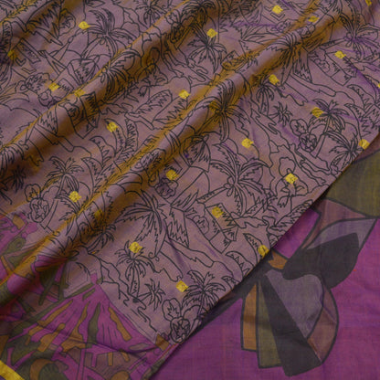 Indian Vintage Sari Golden Purple Pure Silk Printed Saree 6yd Sewing Craft Fabric Dress Making Soft Zari Geometric Crafting Quilting Upcycle