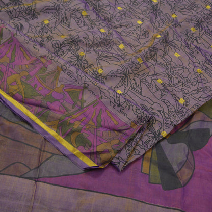 Indian Vintage Sari Golden Purple Pure Silk Printed Saree 6yd Sewing Craft Fabric Dress Making Soft Zari Geometric Crafting Quilting Upcycle