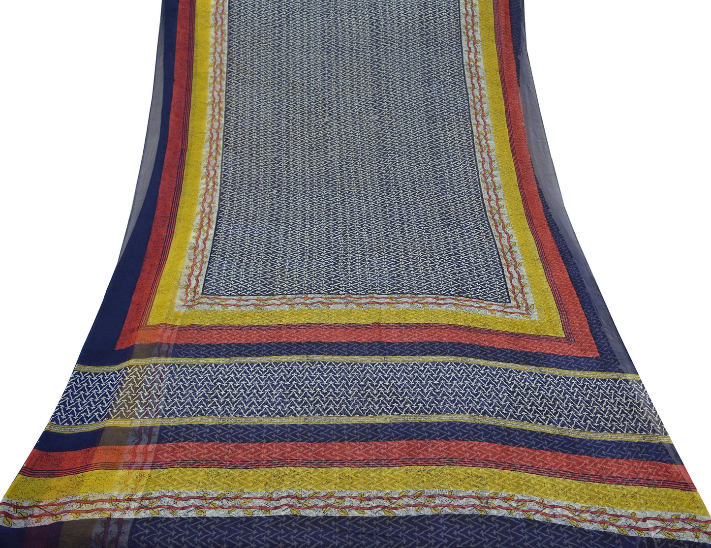 Women Vintage Blue Saree Pure Chiffon Silk Printed Sari Craft Fabric Sewing 5Yd Soft Dress Making Floral Crafting Upcycle Quilting