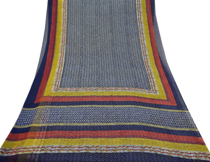 Women Vintage Blue Saree Pure Chiffon Silk Printed Sari Craft Fabric Sewing 5Yd Soft Dress Making Floral Crafting Upcycle Quilting