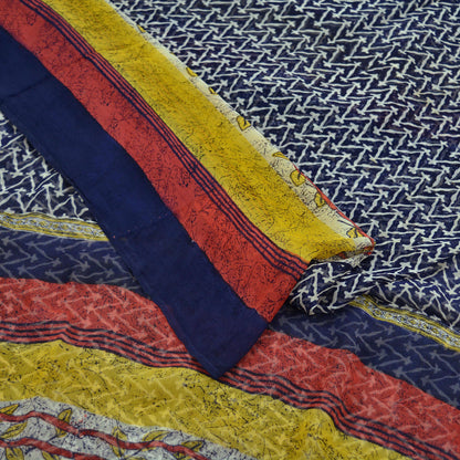 Women Vintage Blue Saree Pure Chiffon Silk Printed Sari Craft Fabric Sewing 5Yd Soft Dress Making Floral Crafting Upcycle Quilting