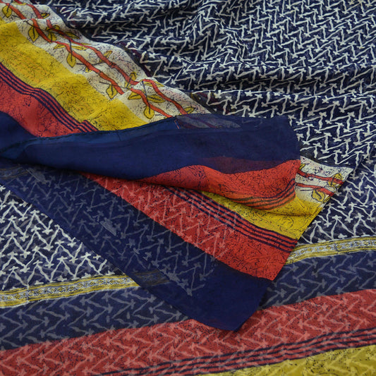 Women Vintage Blue Saree Pure Chiffon Silk Printed Sari Craft Fabric Sewing 5Yd Soft Dress Making Floral Crafting Upcycle Quilting