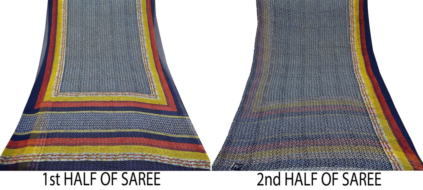 Women Vintage Blue Saree Pure Chiffon Silk Printed Sari Craft Fabric Sewing 5Yd Soft Dress Making Floral Crafting Upcycle Quilting