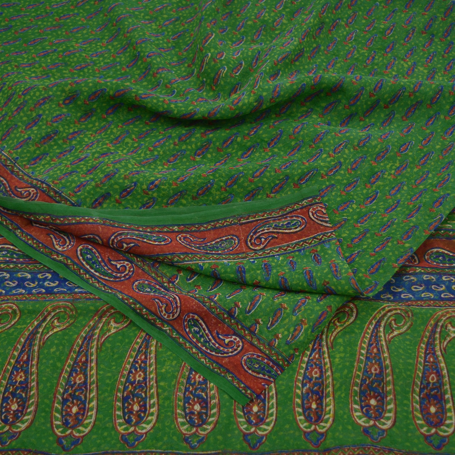 Indian Vintage Sari Green Pure Georgette Silk Block Printed Sarees Craft Fabric Sewing 6Yd Soft Sari Dress Making Crafting Quilting Upcycle