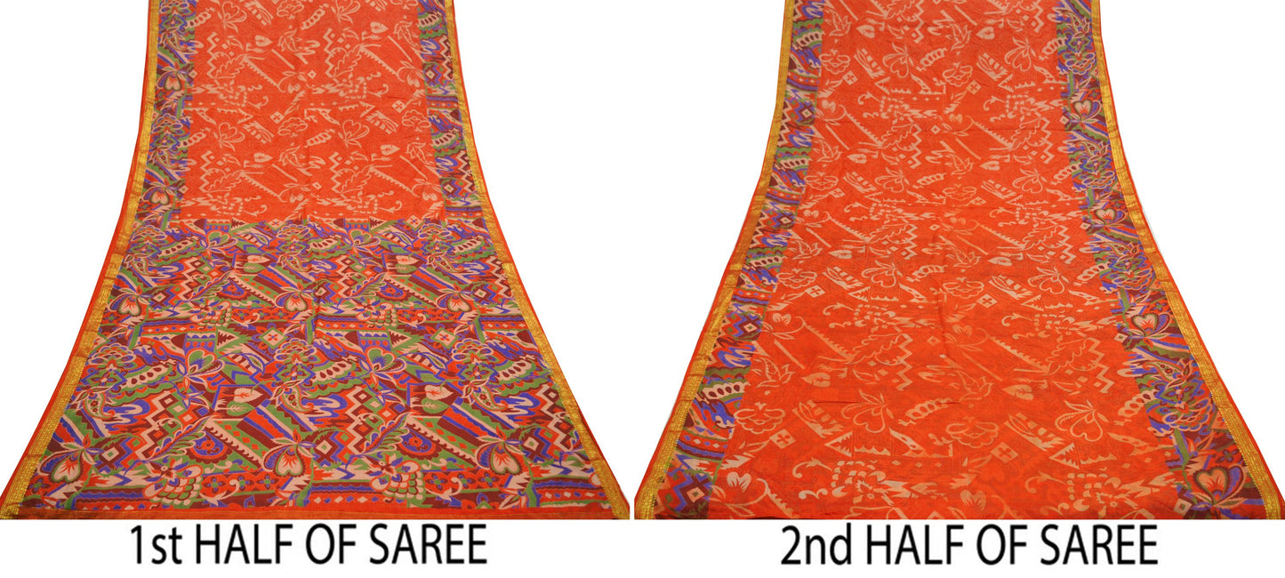 Indian Vintage Sari Orange 100% Pure Silk Printed Sarees 6yd Sewing Craft Fabric Zari Dress Making Soft Wrap Quilting Used Crafting Upcycle