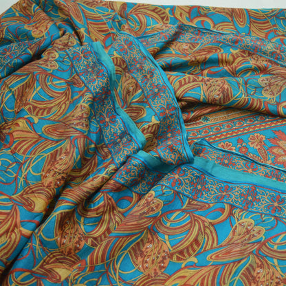 Indian Vintage Beige & Blue Saree Pure Silk Printed Sari Craft Fabric 5yd Sewing Dress Making Soft Floral Crafting Quilting Upcycle Used