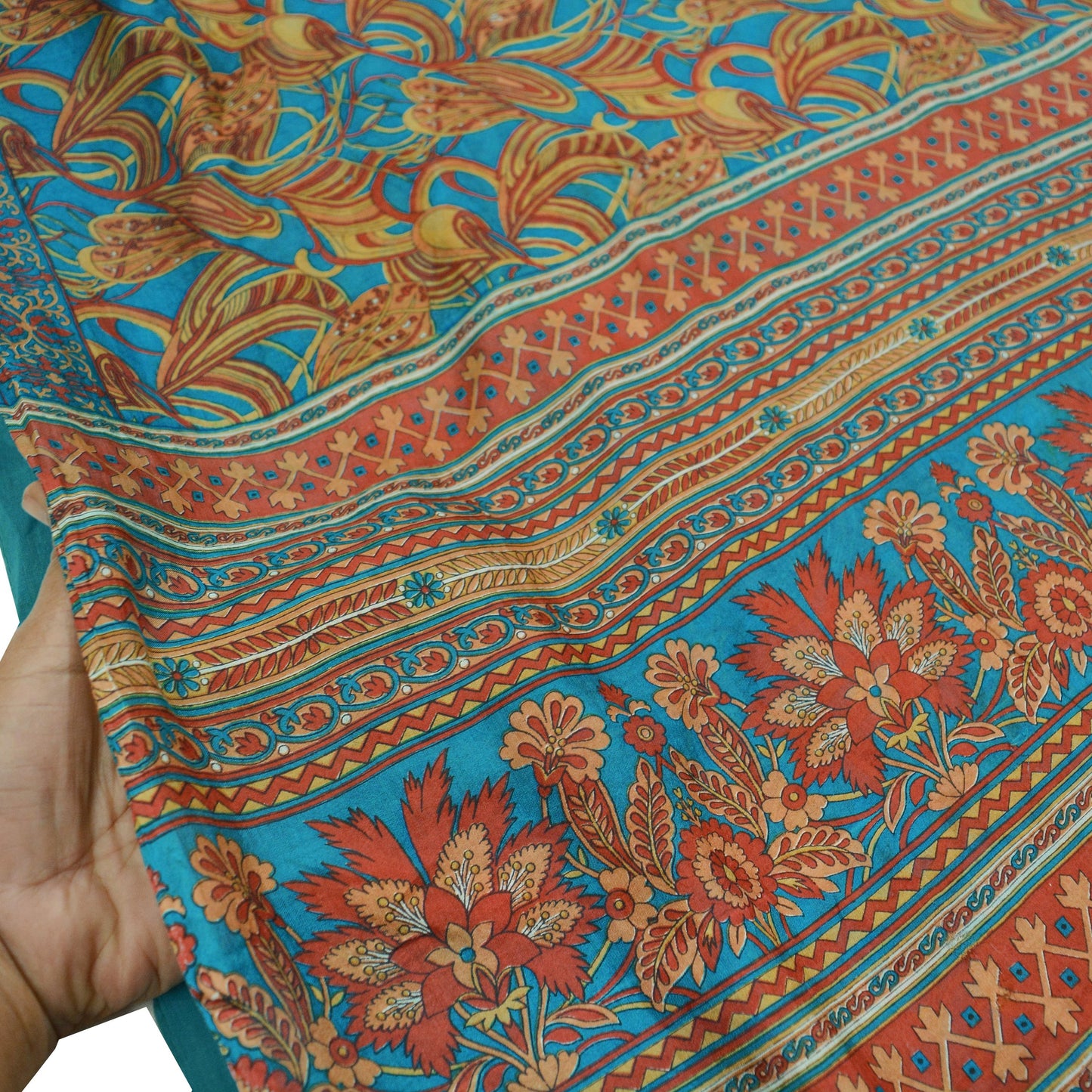 Indian Vintage Beige & Blue Saree Pure Silk Printed Sari Craft Fabric 5yd Sewing Dress Making Soft Floral Crafting Quilting Upcycle Used