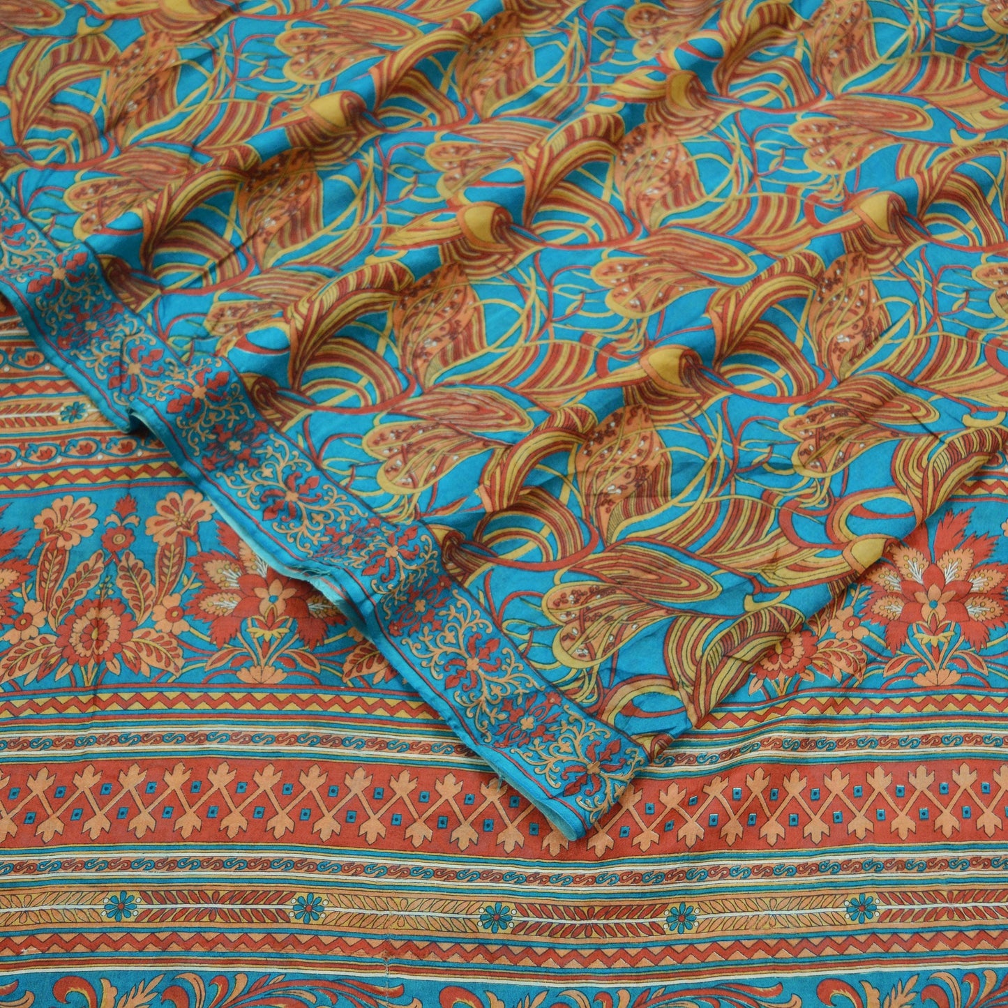 Indian Vintage Beige & Blue Saree Pure Silk Printed Sari Craft Fabric 5yd Sewing Dress Making Soft Floral Crafting Quilting Upcycle Used