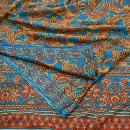 Indian Vintage Beige & Blue Saree Pure Silk Printed Sari Craft Fabric 5yd Sewing Dress Making Soft Floral Crafting Quilting Upcycle Used