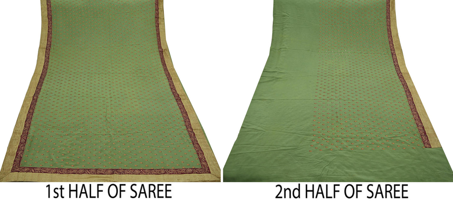 Indian Vintage Green Saree Pure Crepe Silk Hand Embroidered Sari Craft Fabric 6Yd Sewing Soft Zari Wedding/Bridal Sarees