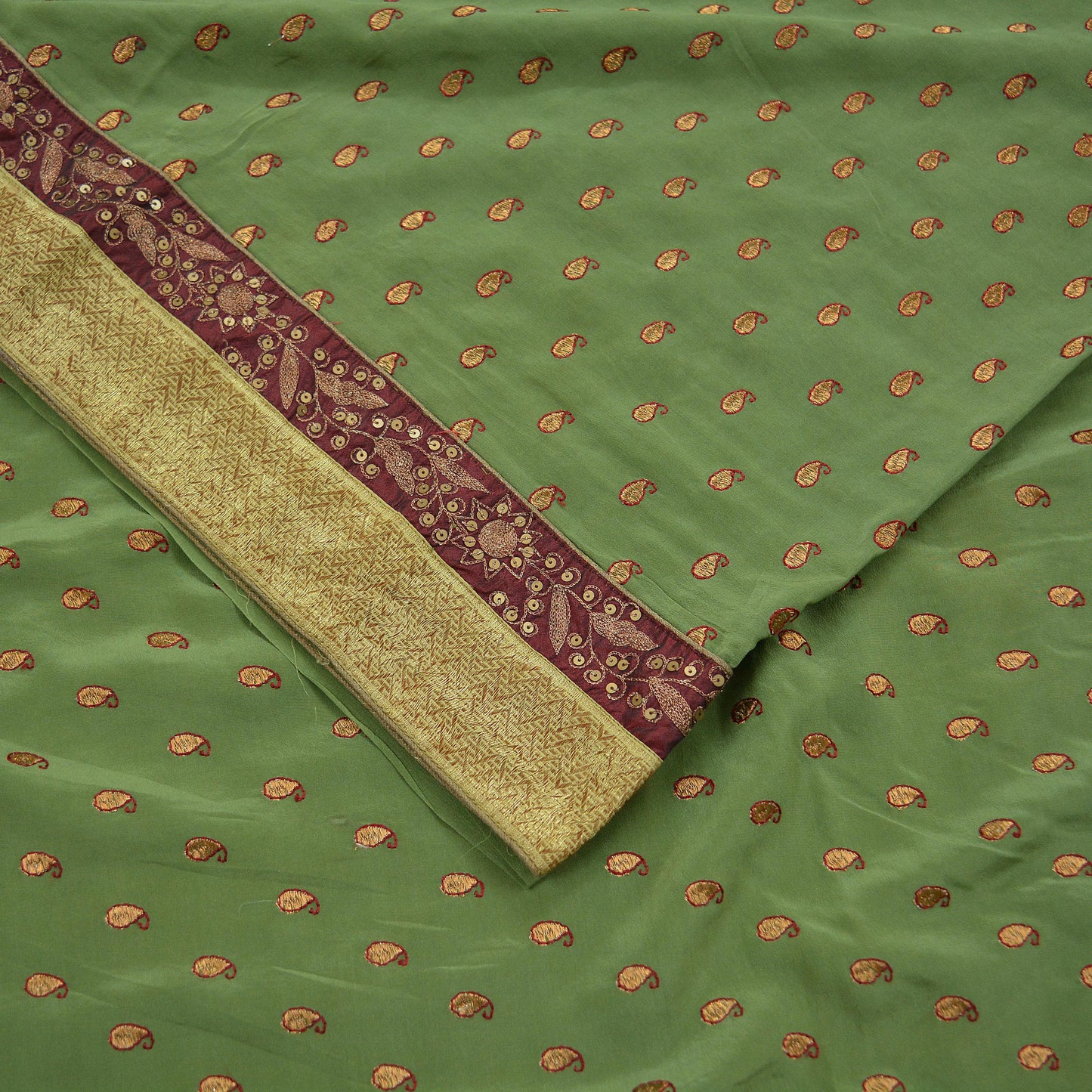 Indian Vintage Green Saree Pure Crepe Silk Hand Embroidered Sari Craft Fabric 6Yd Sewing Soft Zari Wedding/Bridal Sarees