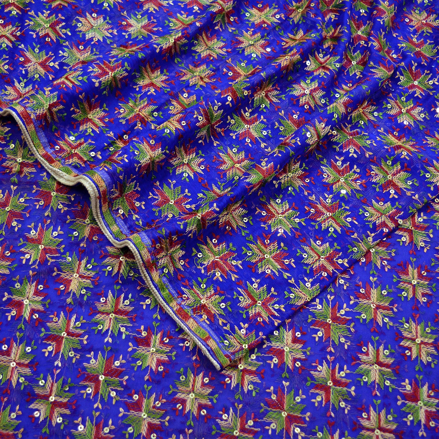 Indian Vintage Royal Blue Dupatta Long Stole Chiffon Hand Embroidered Bagh Phulkari Stole Scarves Golden lace