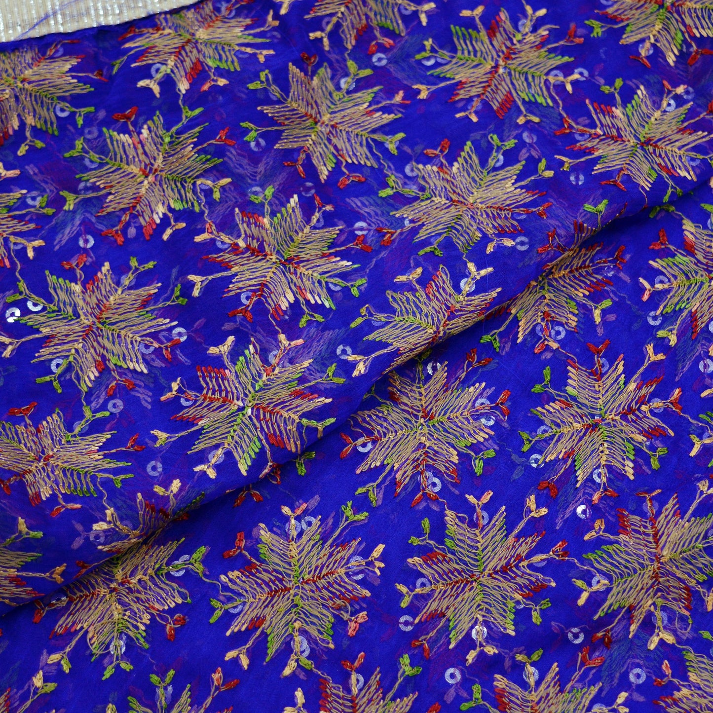 Indian Vintage Royal Blue Dupatta Long Stole Chiffon Hand Embroidered Bagh Phulkari Stole Scarves Golden lace