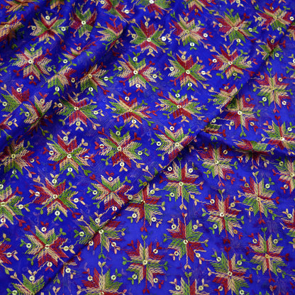 Indian Vintage Royal Blue Dupatta Long Stole Chiffon Hand Embroidered Bagh Phulkari Stole Scarves Golden lace