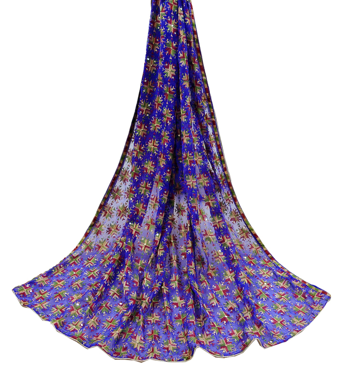 Indian Vintage Royal Blue Dupatta Long Stole Chiffon Hand Embroidered Bagh Phulkari Stole Scarves Golden lace