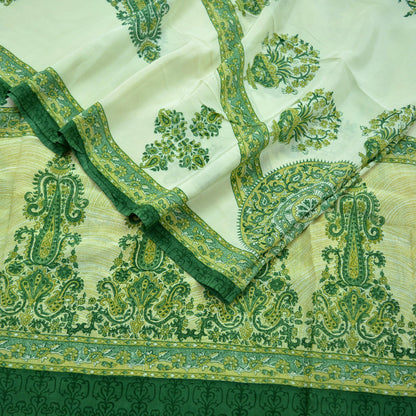 Women Indian Vintage Ivory & Green Dupatta Long Stole Pure Crepe silk Printed Dupatta Veil Scarves soft Boho Wrap Dressmaking Paisley