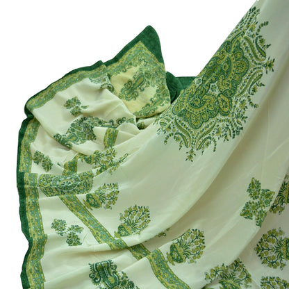 Women Indian Vintage Ivory & Green Dupatta Long Stole Pure Crepe silk Printed Dupatta Veil Scarves soft Boho Wrap Dressmaking Paisley