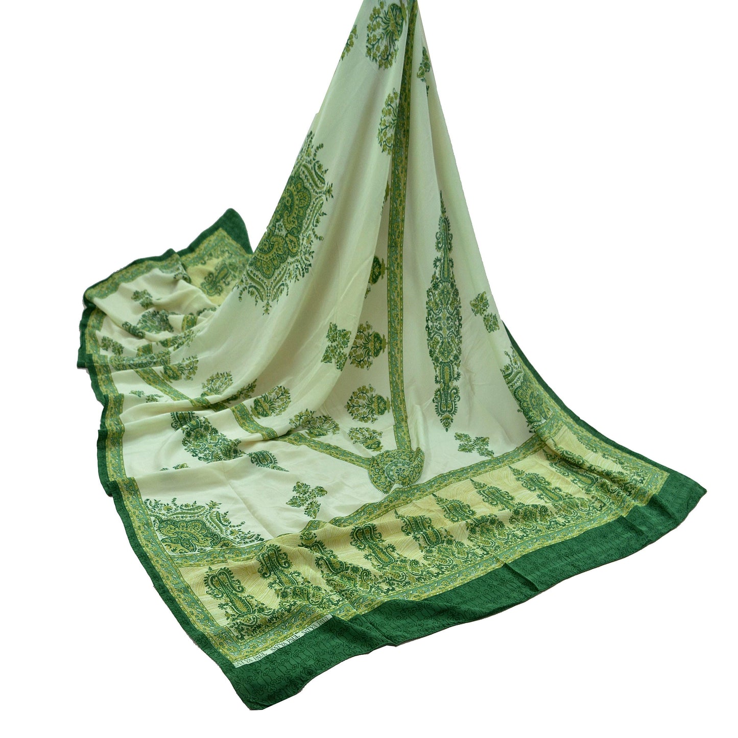 Women Indian Vintage Ivory & Green Dupatta Long Stole Pure Crepe silk Printed Dupatta Veil Scarves soft Boho Wrap Dressmaking Paisley