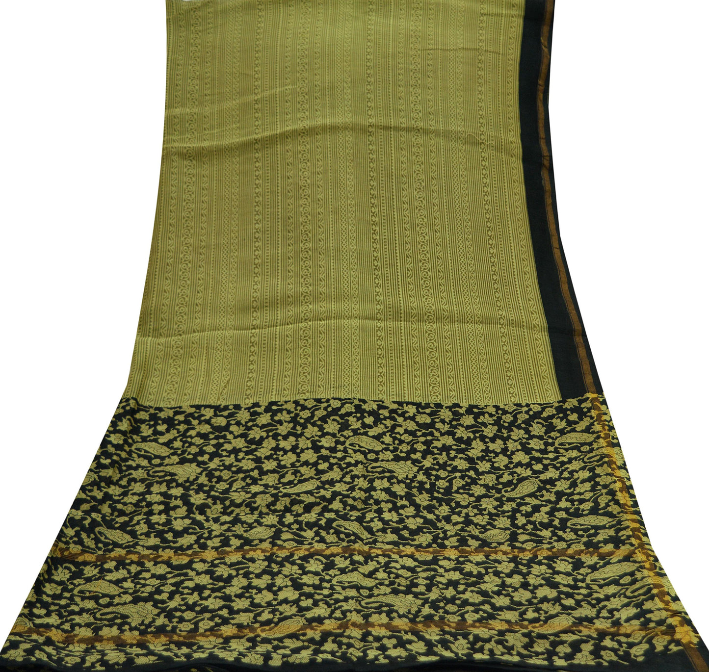 Indian Vintage Dupatta Green & Black Dupatta Long Stole Block Print Pure Chanderi Silk Indian Scarves Veil Golden Zari