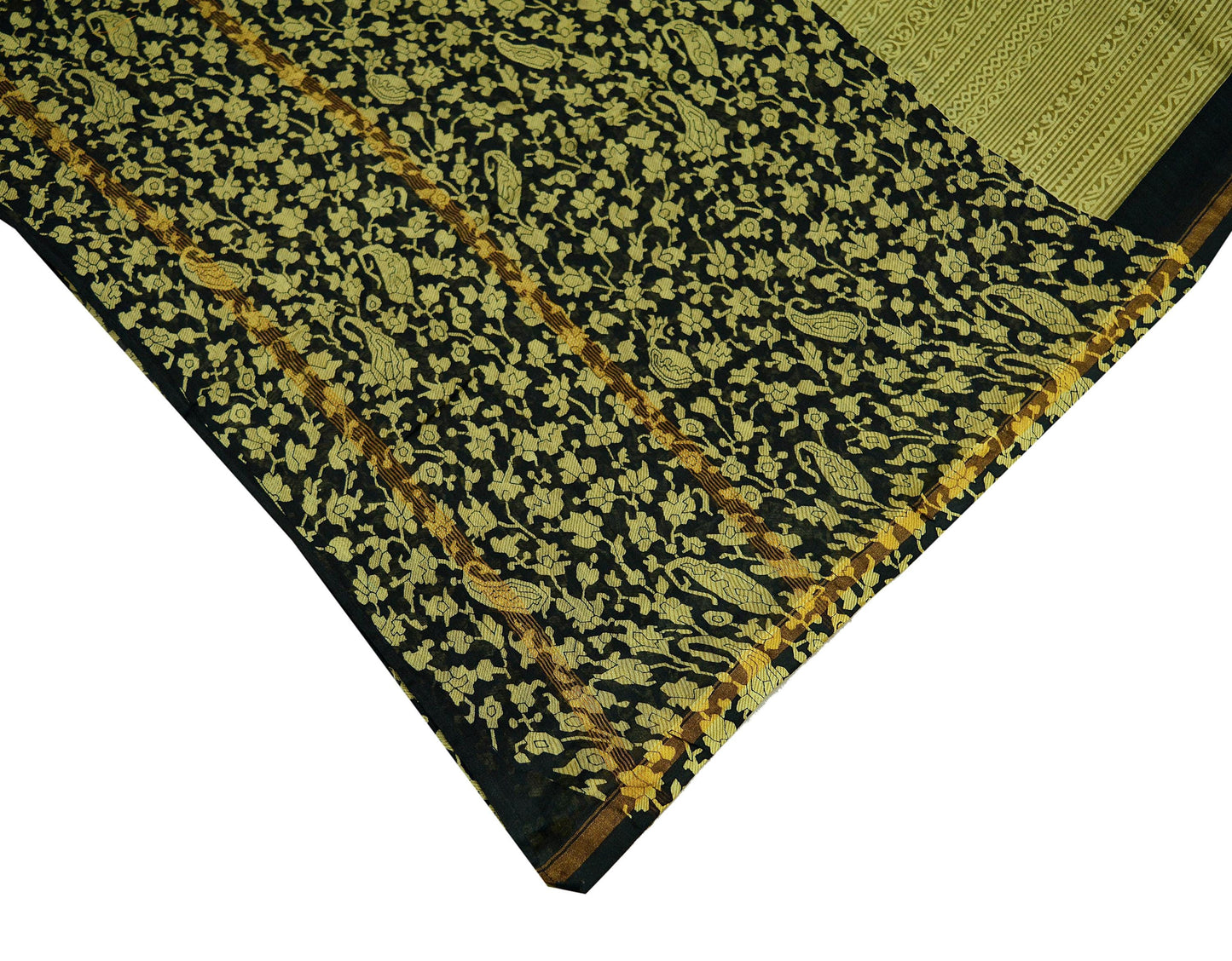 Indian Vintage Dupatta Green & Black Dupatta Long Stole Block Print Pure Chanderi Silk Indian Scarves Veil Golden Zari