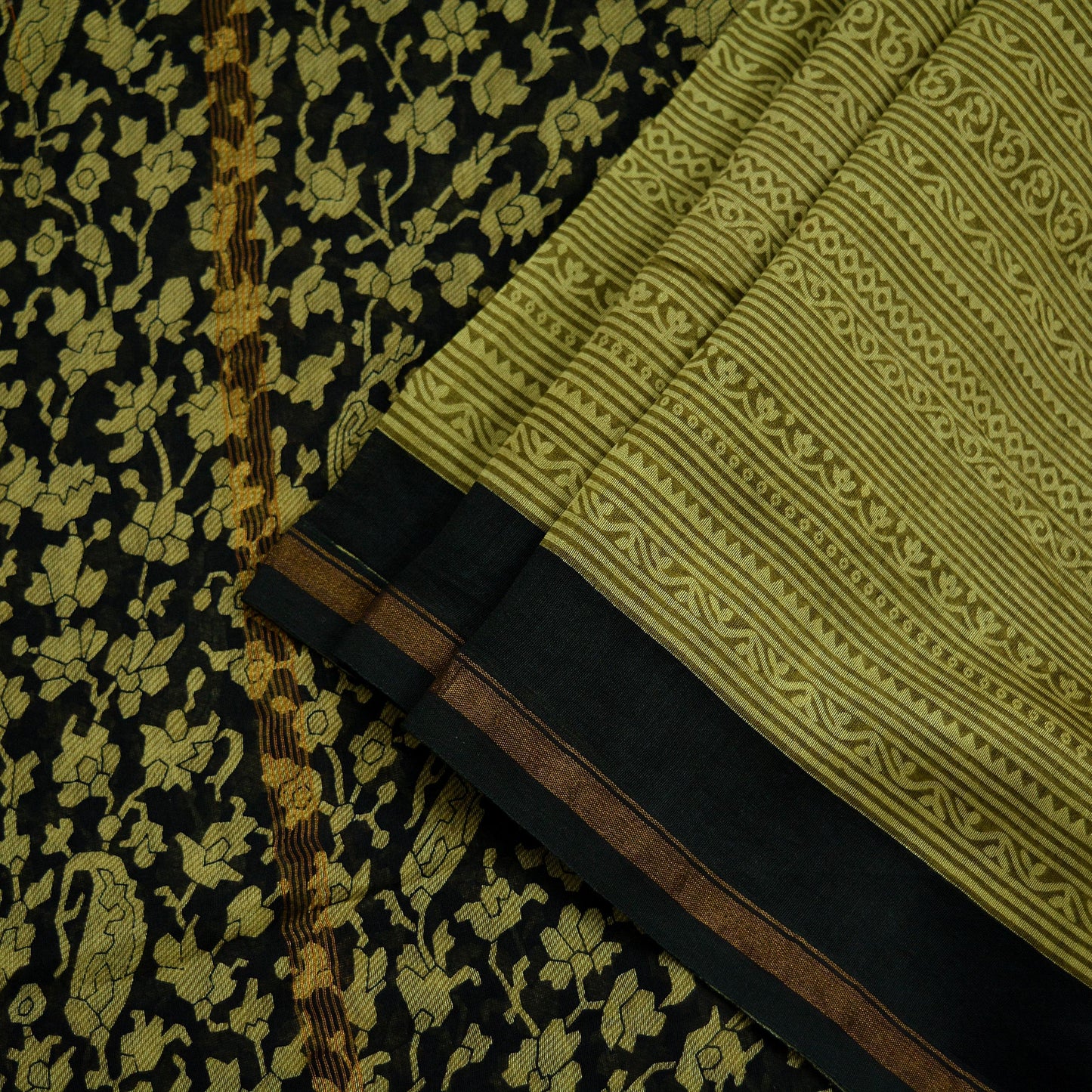 Indian Vintage Dupatta Green & Black Dupatta Long Stole Block Print Pure Chanderi Silk Indian Scarves Veil Golden Zari