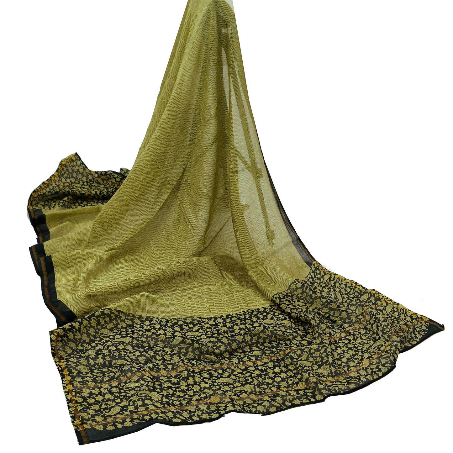 Indian Vintage Dupatta Green & Black Dupatta Long Stole Block Print Pure Chanderi Silk Indian Scarves Veil Golden Zari