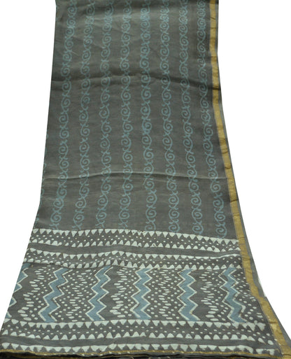 Indian Vintage Dupatta Gray Dupatta Long Stole Block Print Pure Chanderi Silk Scarves Veil Golden Zari