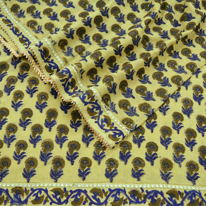 Indian Vintage Dupatta Green Long Stole Block Print 100% Pure Cotton Scarf Veil Soft Floral