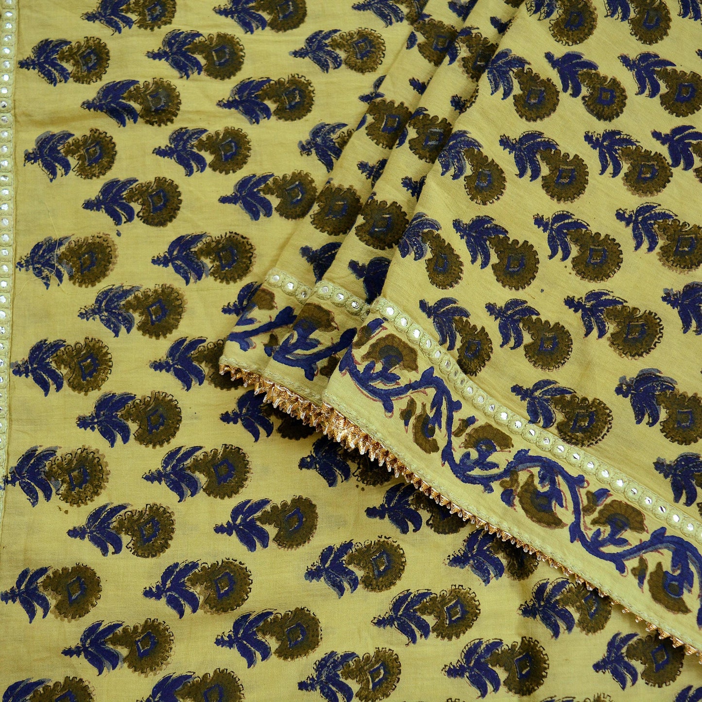 Indian Vintage Dupatta Green Long Stole Block Print 100% Pure Cotton Scarf Veil Soft Floral