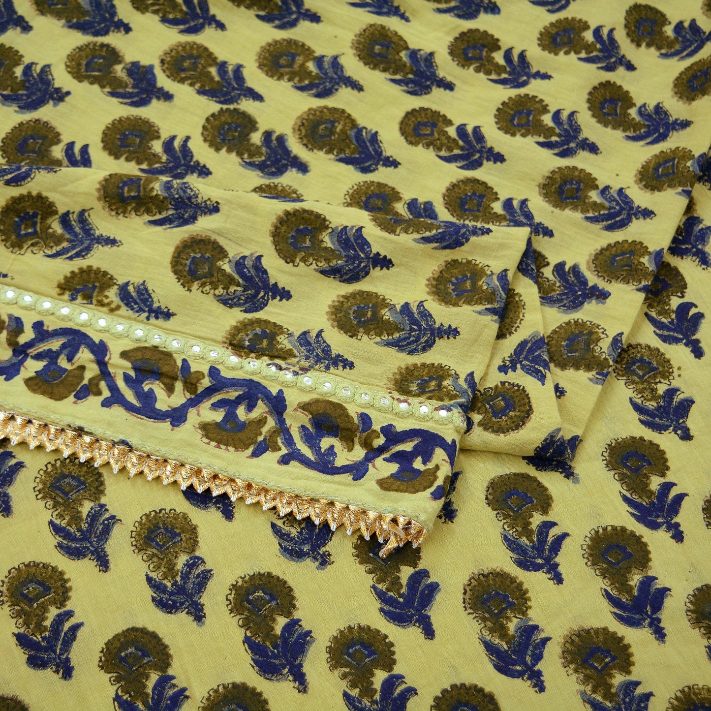 Indian Vintage Dupatta Green Long Stole Block Print 100% Pure Cotton Scarf Veil Soft Floral