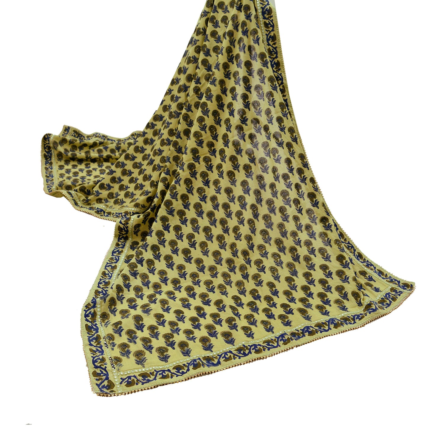 Indian Vintage Dupatta Green Long Stole Block Print 100% Pure Cotton Scarf Veil Soft Floral