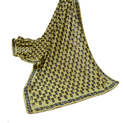 Indian Vintage Dupatta Green Long Stole Block Print 100% Pure Cotton Scarf Veil Soft Floral