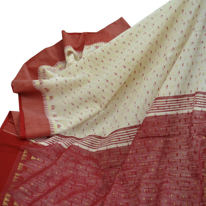 Indian Vintage Sari Red & White Hand Woven sarees Cotton Craft Fabric 5Yd Floral Golden Zari Dress making Crafting Bollywood sari Fringes