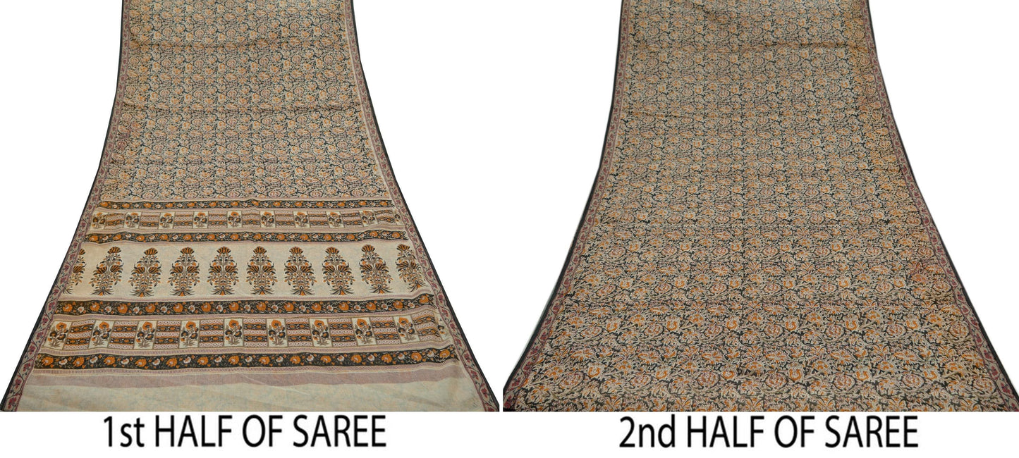 Indian Vintage Sari Cream & Black Pure chanderi Silk Block Printed Saree Craft Fabric 5Yd Soft Zari Border Dress making bollywood silk saree