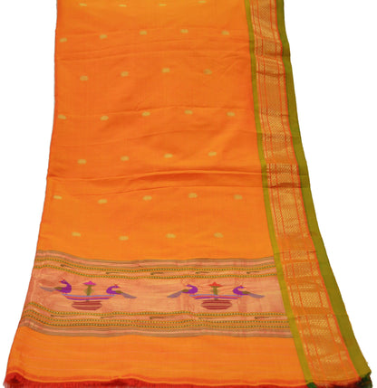 Indian Vintage Dupatta Saffron Pure Silk Long Stole Hand Woven Paithani Scarves Veil Golden Zari Soft Peacock Design