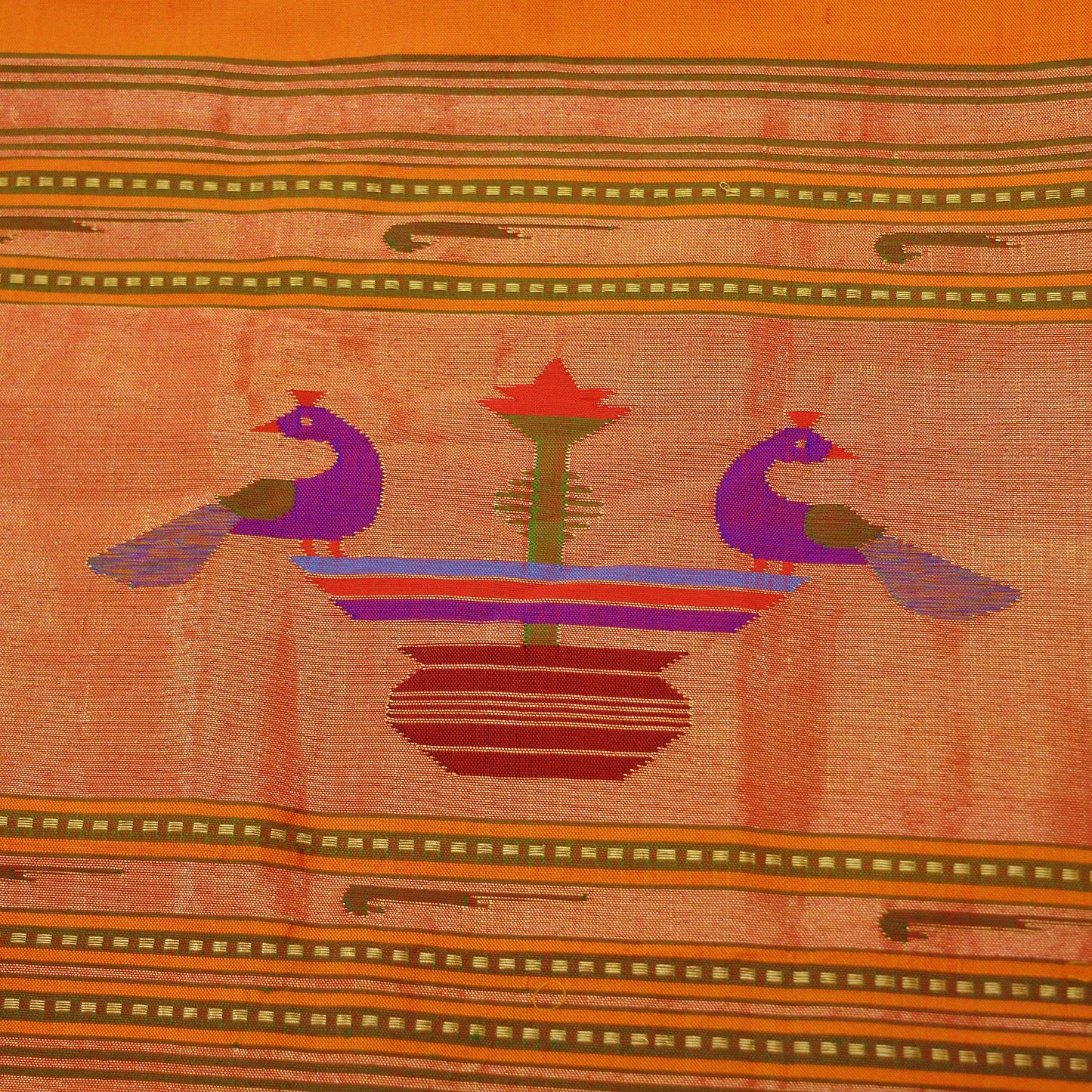 Indian Vintage Dupatta Saffron Pure Silk Long Stole Hand Woven Paithani Scarves Veil Golden Zari Soft Peacock Design