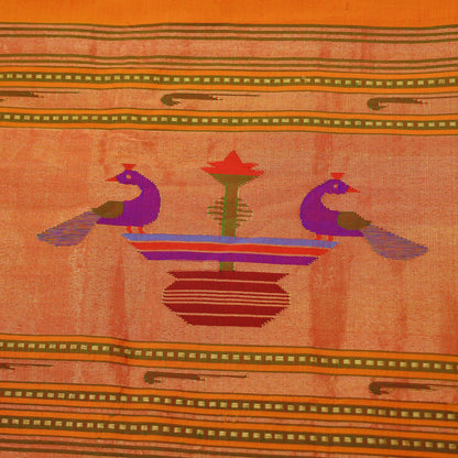 Indian Vintage Dupatta Saffron Pure Silk Long Stole Hand Woven Paithani Scarves Veil Golden Zari Soft Peacock Design