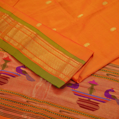 Indian Vintage Dupatta Saffron Pure Silk Long Stole Hand Woven Paithani Scarves Veil Golden Zari Soft Peacock Design