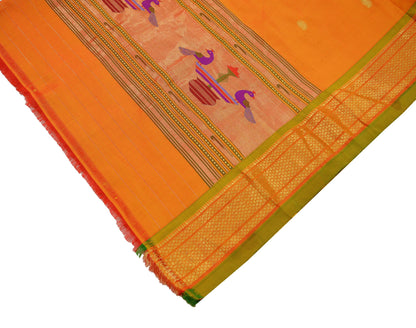 Indian Vintage Dupatta Saffron Pure Silk Long Stole Hand Woven Paithani Scarves Veil Golden Zari Soft Peacock Design