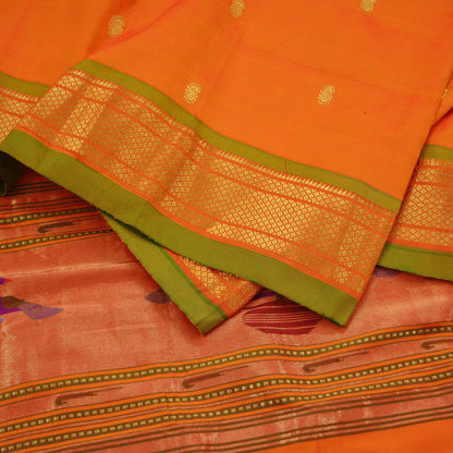 Indian Vintage Dupatta Saffron Pure Silk Long Stole Hand Woven Paithani Scarves Veil Golden Zari Soft Peacock Design