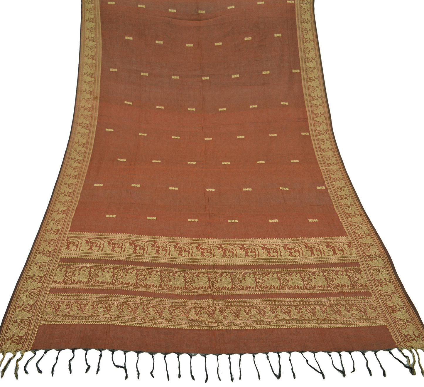 Indian Vintage Dupatta Brown Long Stole Hand Woven Baluchari Pure Cotton Scarves Veil Soft Fringes