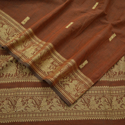 Indian Vintage Dupatta Brown Long Stole Hand Woven Baluchari Pure Cotton Scarves Veil Soft Fringes