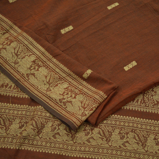 Indian Vintage Dupatta Brown Long Stole Hand Woven Baluchari Pure Cotton Scarves Veil Soft Fringes